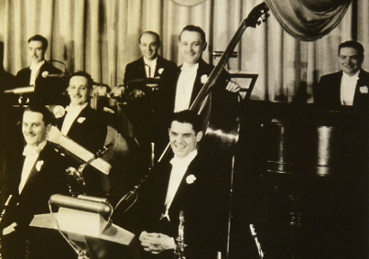 Image of Art Ralston, Jack Blanchette, Tony Briglia, Kenny Sargent, Stan Dennis and Howard Hall at the Colonnades Room, Essex House Hotel, New York City, 1934.